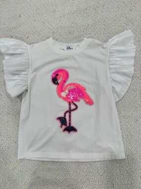 Lola & the Boys- Sequin Flamingo Tee with Ruffle Sleeves - White & Hot Pink🦩